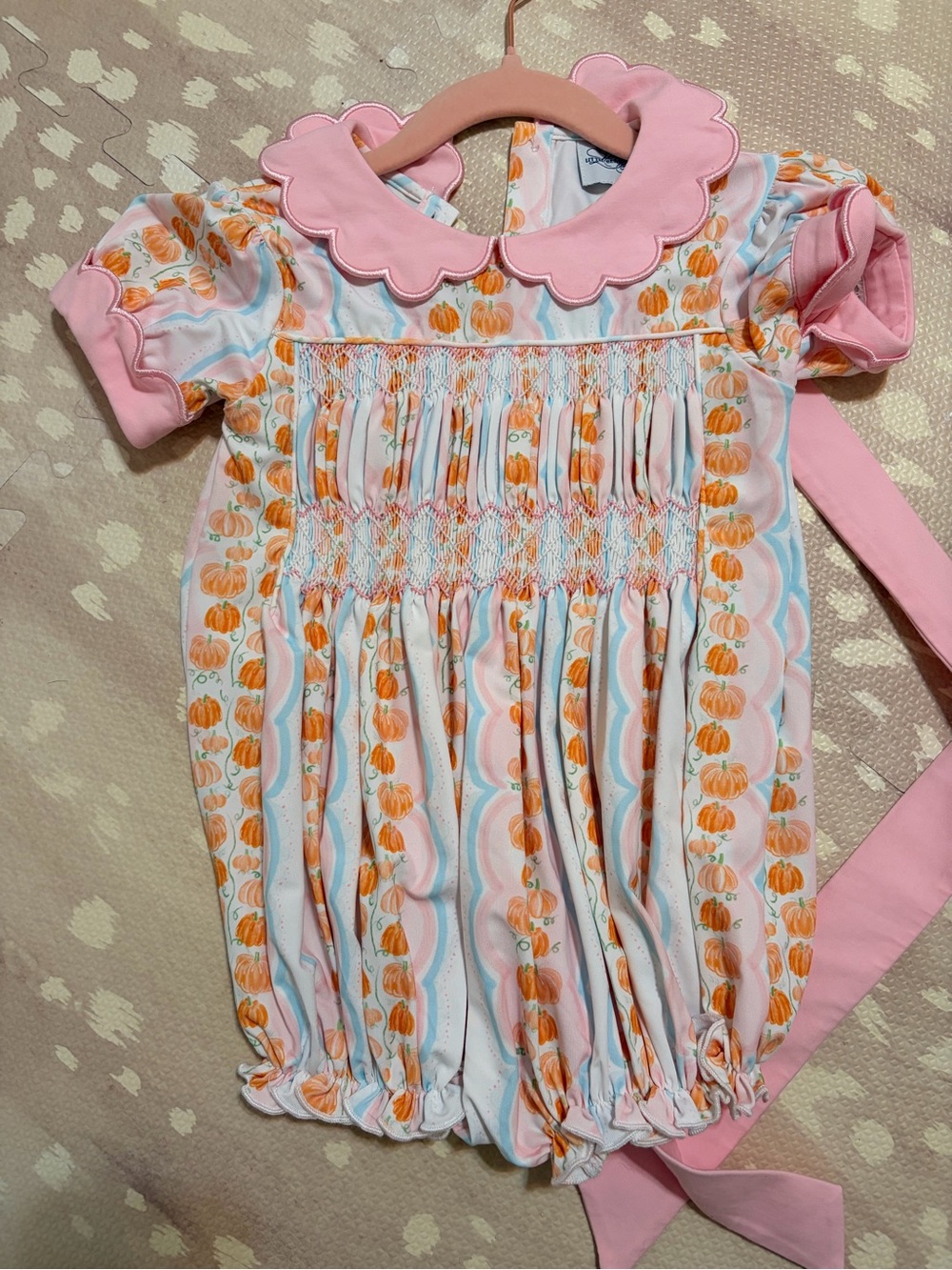 Pink Pumpkin-Print Smocked Baby Costume Romper